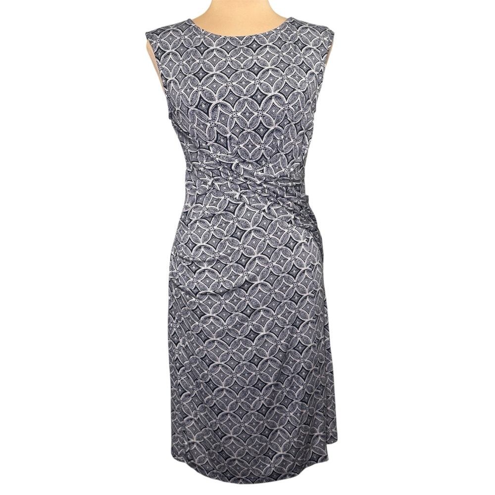 Kut from the Kloth Navy and White Ruched Sheath Midi Dress Twist‎ Waist Size 4